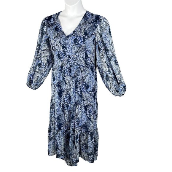 NWT Joie L Midi Dress Blue White Abstract Bohemian Balloon Sleeves Chiffon Flowy - Picture 6 of 16